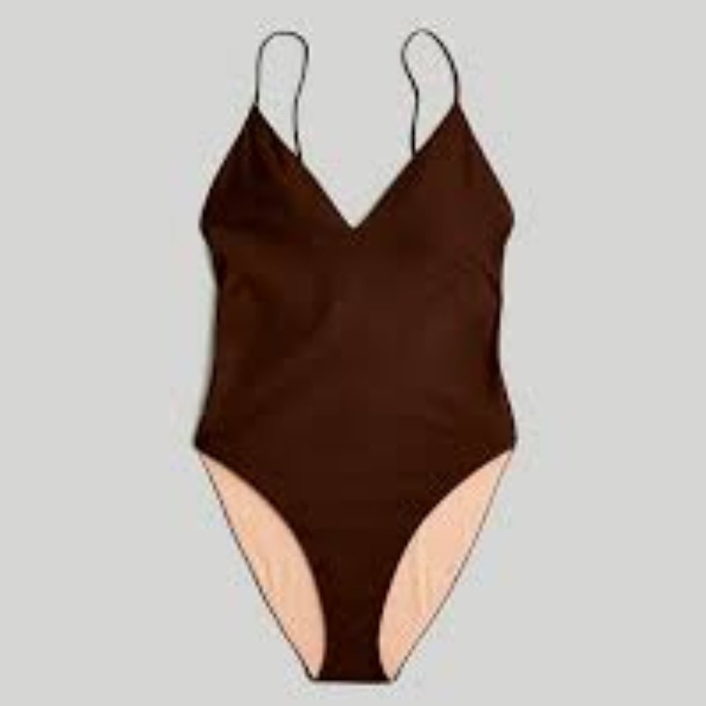 NWT Madewell V-Neck Tie-Back One-Piece Swimsuit Dark Coffee Size S